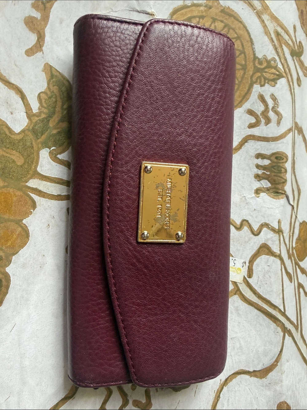 Michael Kors Maroon Pebbled Leather Continental Wallet with Gold Plate